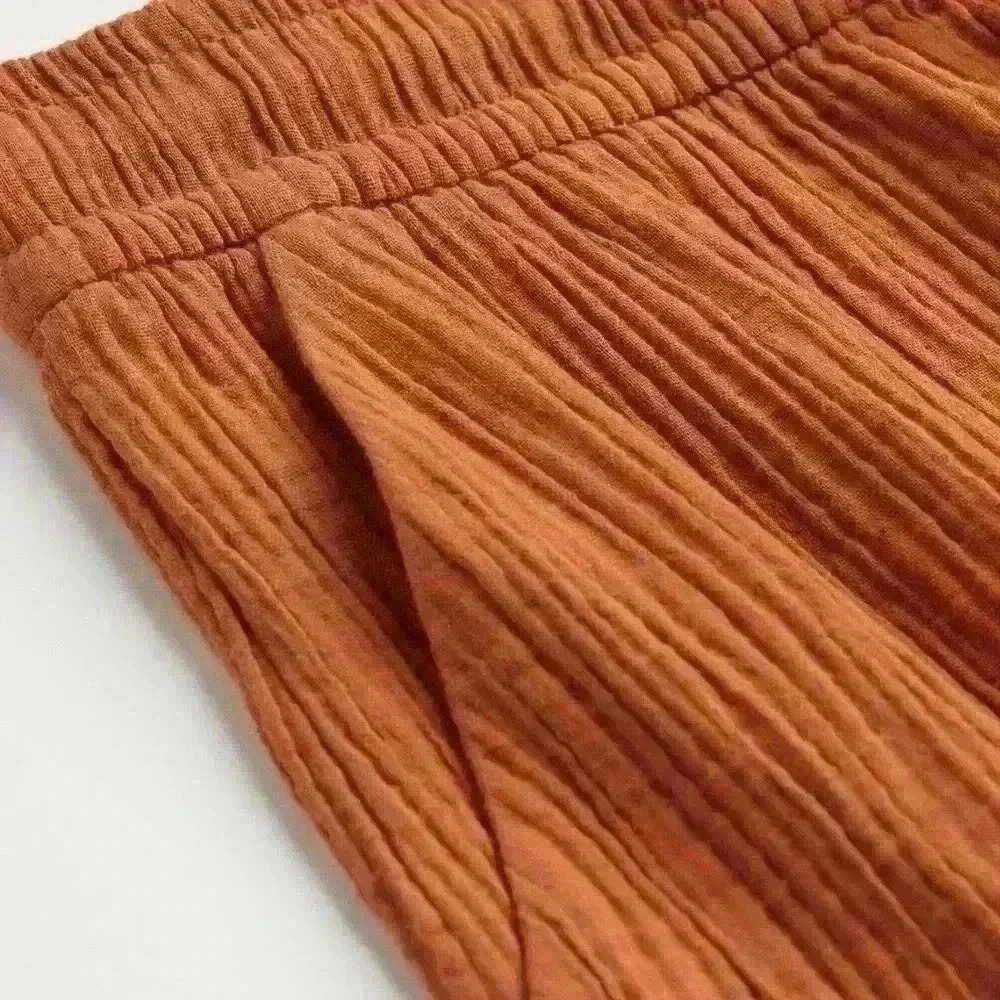 H&M  Crinkled Cotton High Waist Side Pockets Rust Orange Shorts Size S - Picture 2 of 7